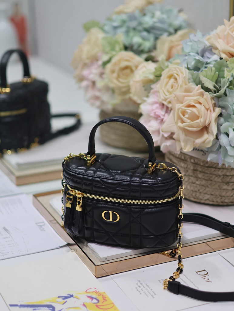 Dior Caro Mini Vanity Case S5198 Black Cannage Lambskin