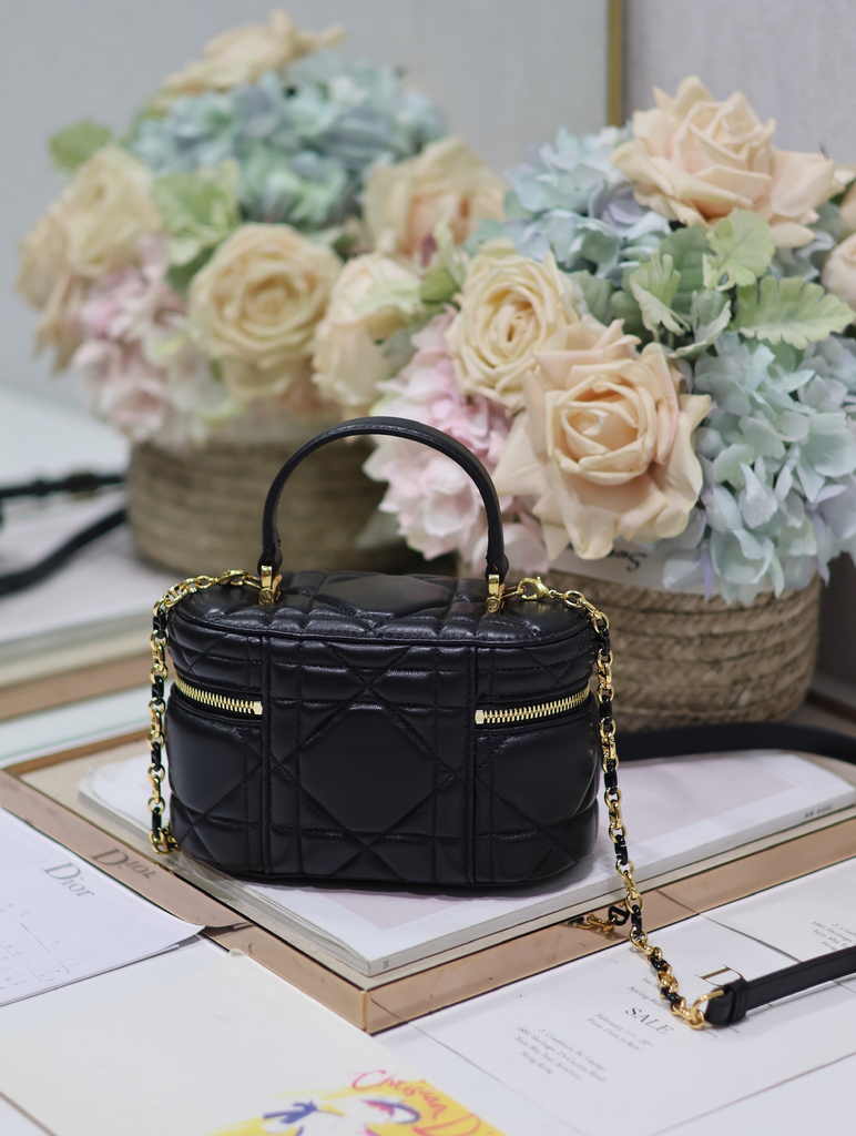 Dior Caro Mini Vanity Case S5198 Black Cannage Lambskin