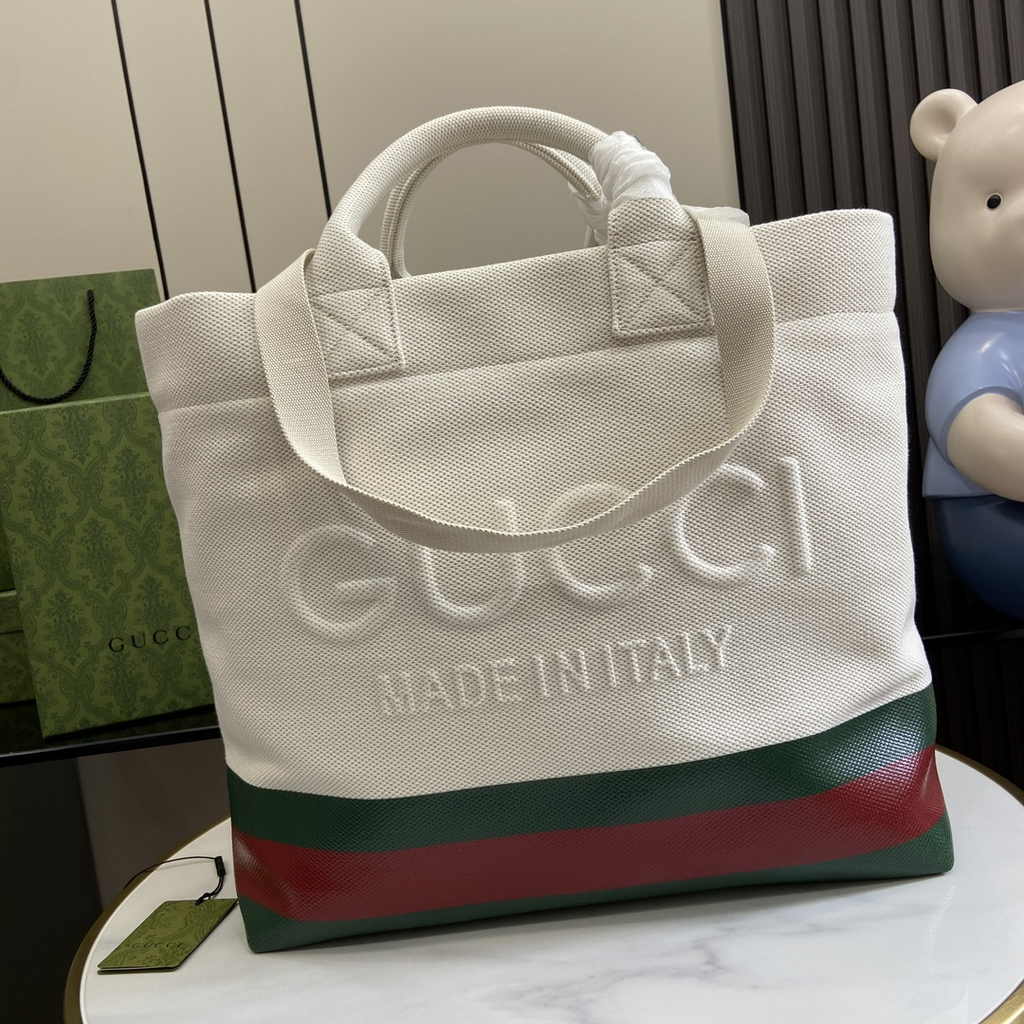 Gucci canvas tote bag with embossed 782741 natural canvas