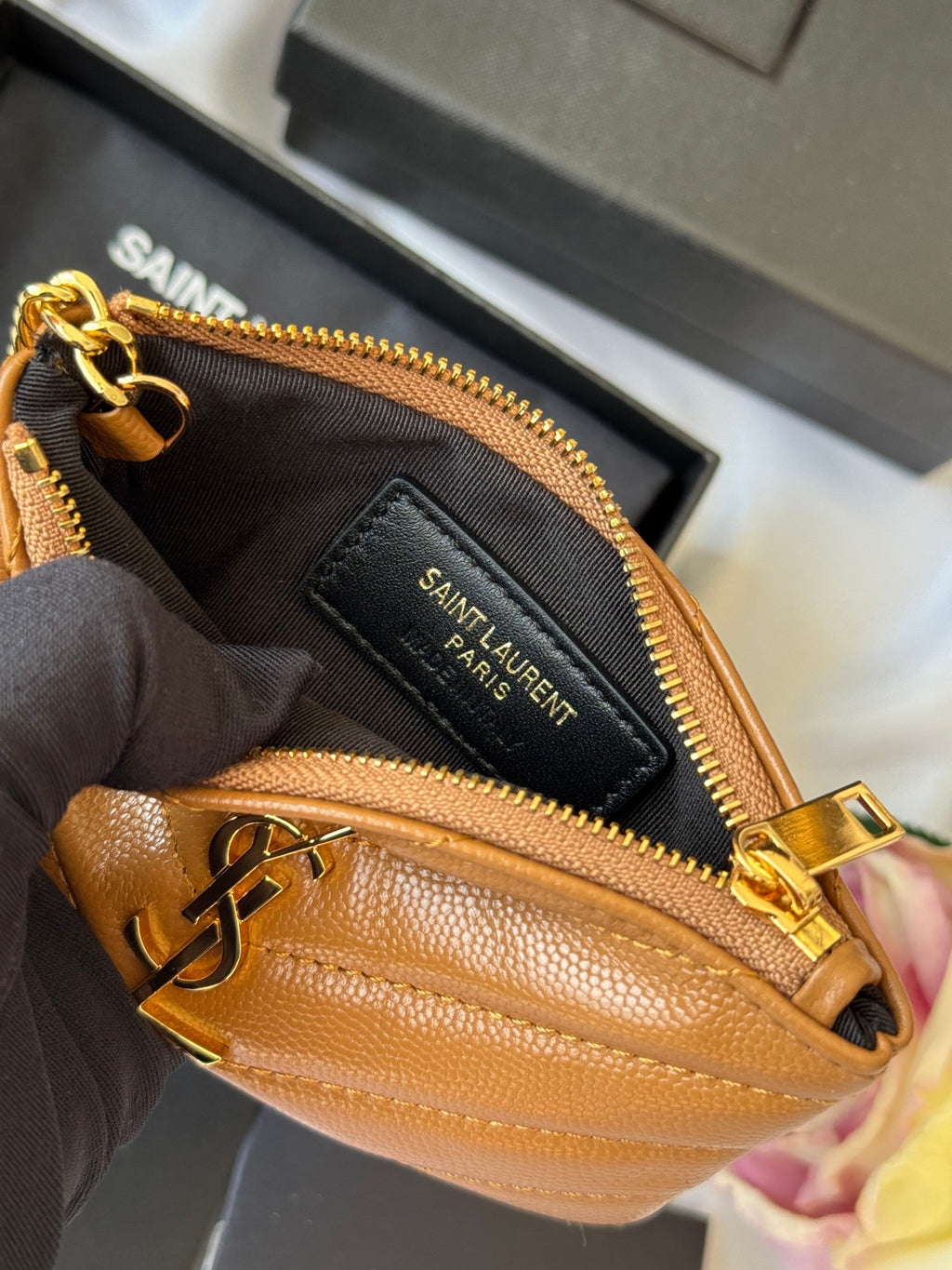 YSL cassandre matelassé key pouch IN Calfskin Leather 438386 Brown