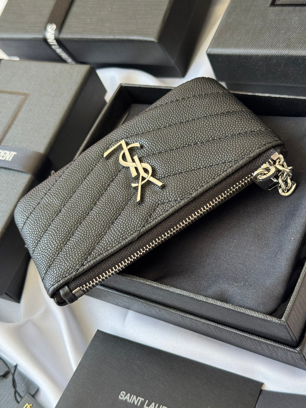 YSL cassandre matelassé key pouch IN Calfskin Leather 438386 Black Silver