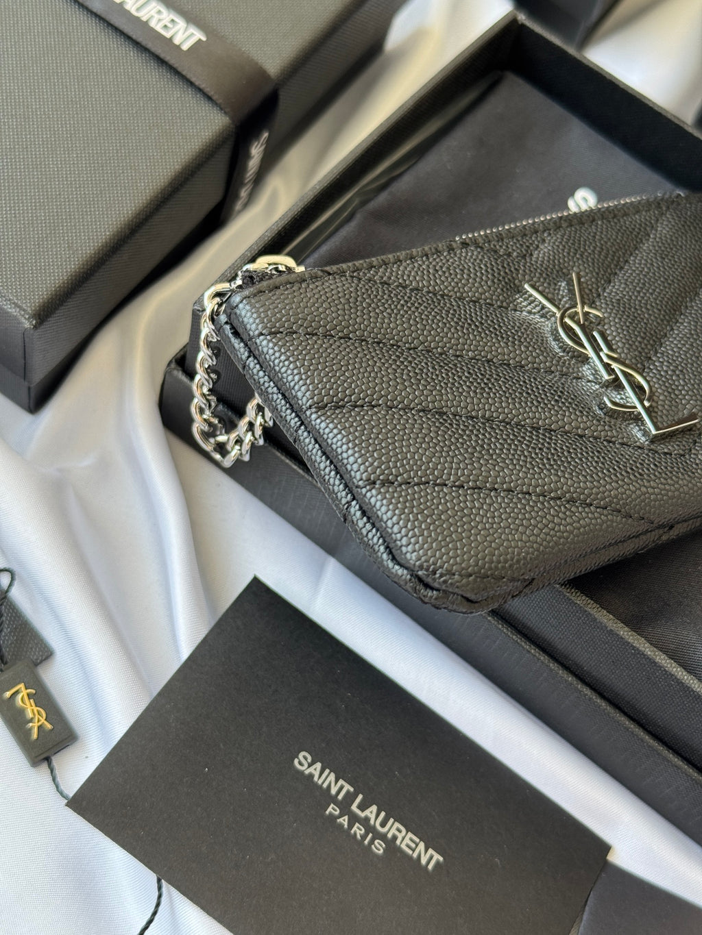 YSL cassandre matelassé key pouch IN Calfskin Leather 438386 Black Silver