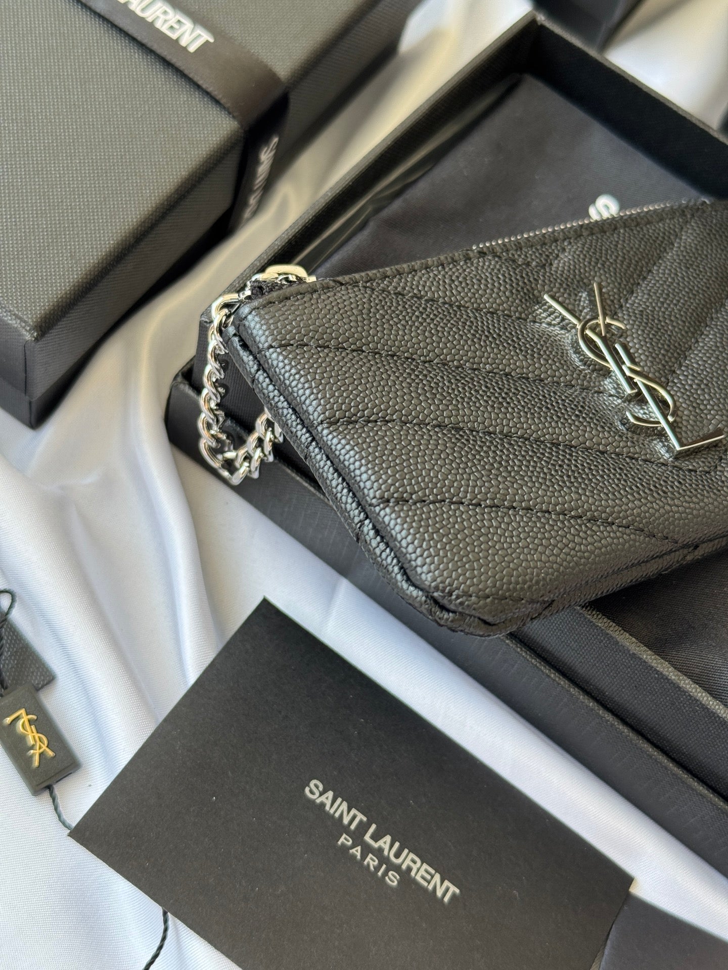 YSL cassandre matelassé key pouch IN Calfskin Leather 438386 Black Silver