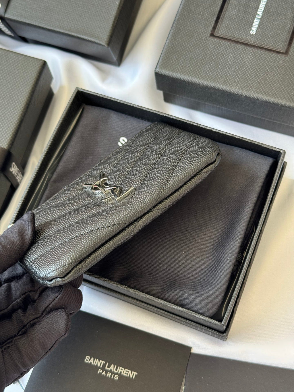 YSL cassandre matelassé key pouch IN Calfskin Leather 438386 Black Silver
