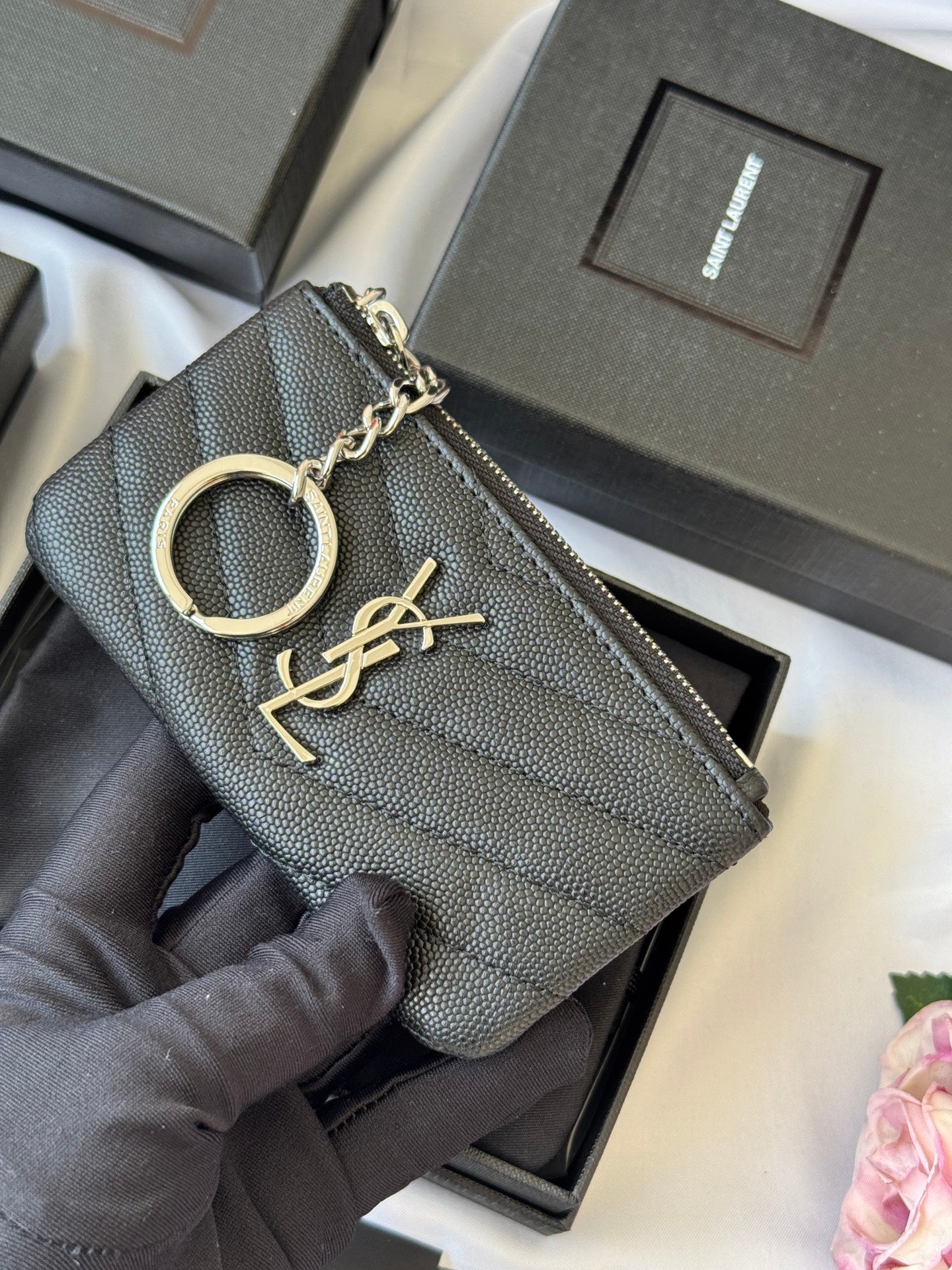 YSL cassandre matelassé key pouch IN Calfskin Leather 438386 Black Silver