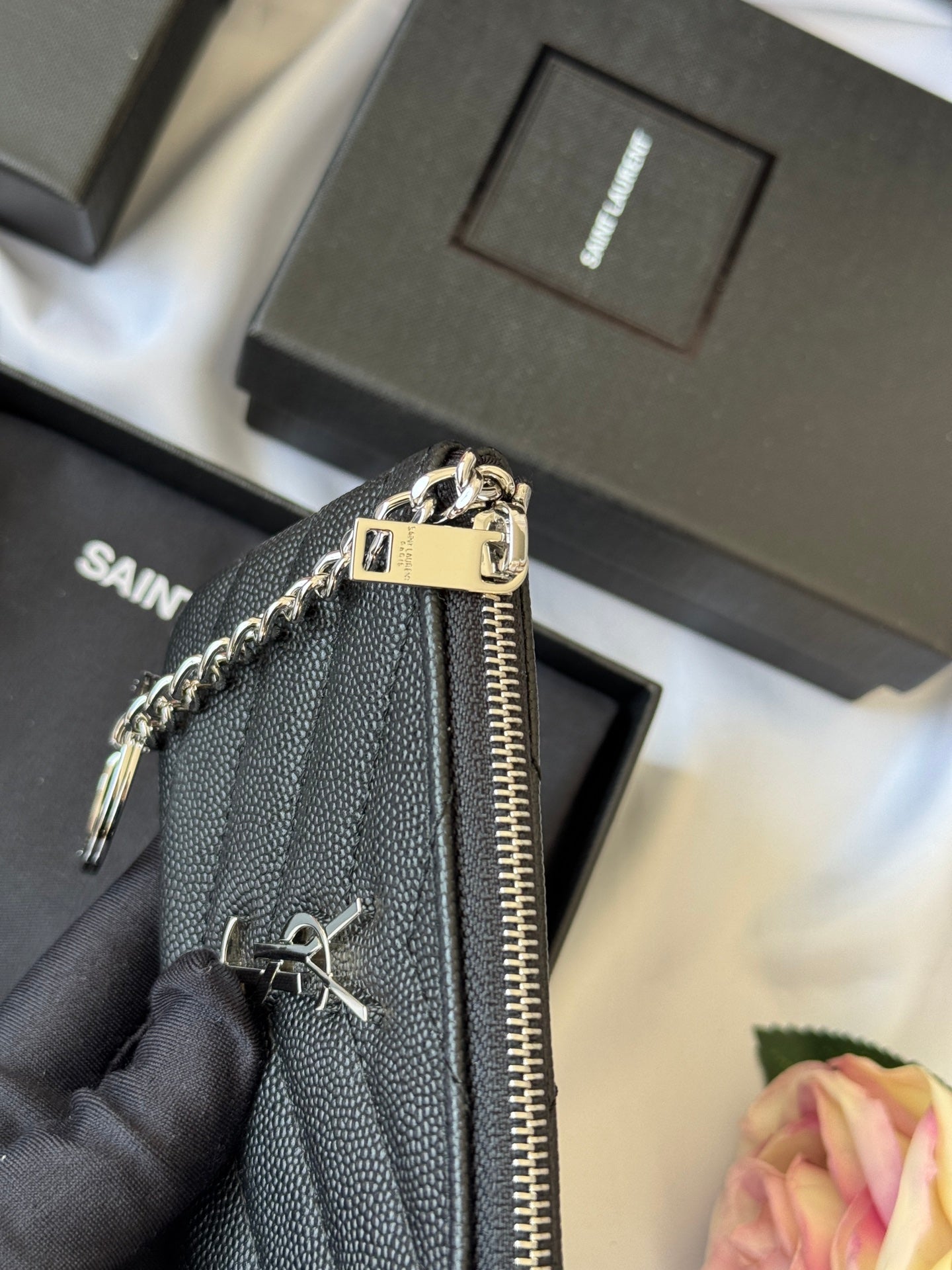 YSL cassandre matelassé key pouch IN Calfskin Leather 438386 Black Silver