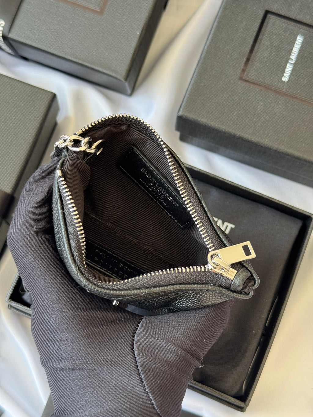 YSL cassandre matelassé key pouch IN Calfskin Leather 438386 Black Silver