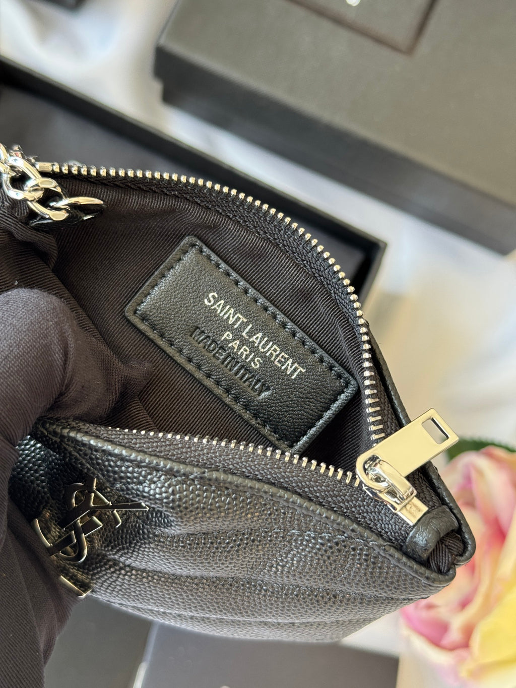 YSL cassandre matelassé key pouch IN Calfskin Leather 438386 Black Silver