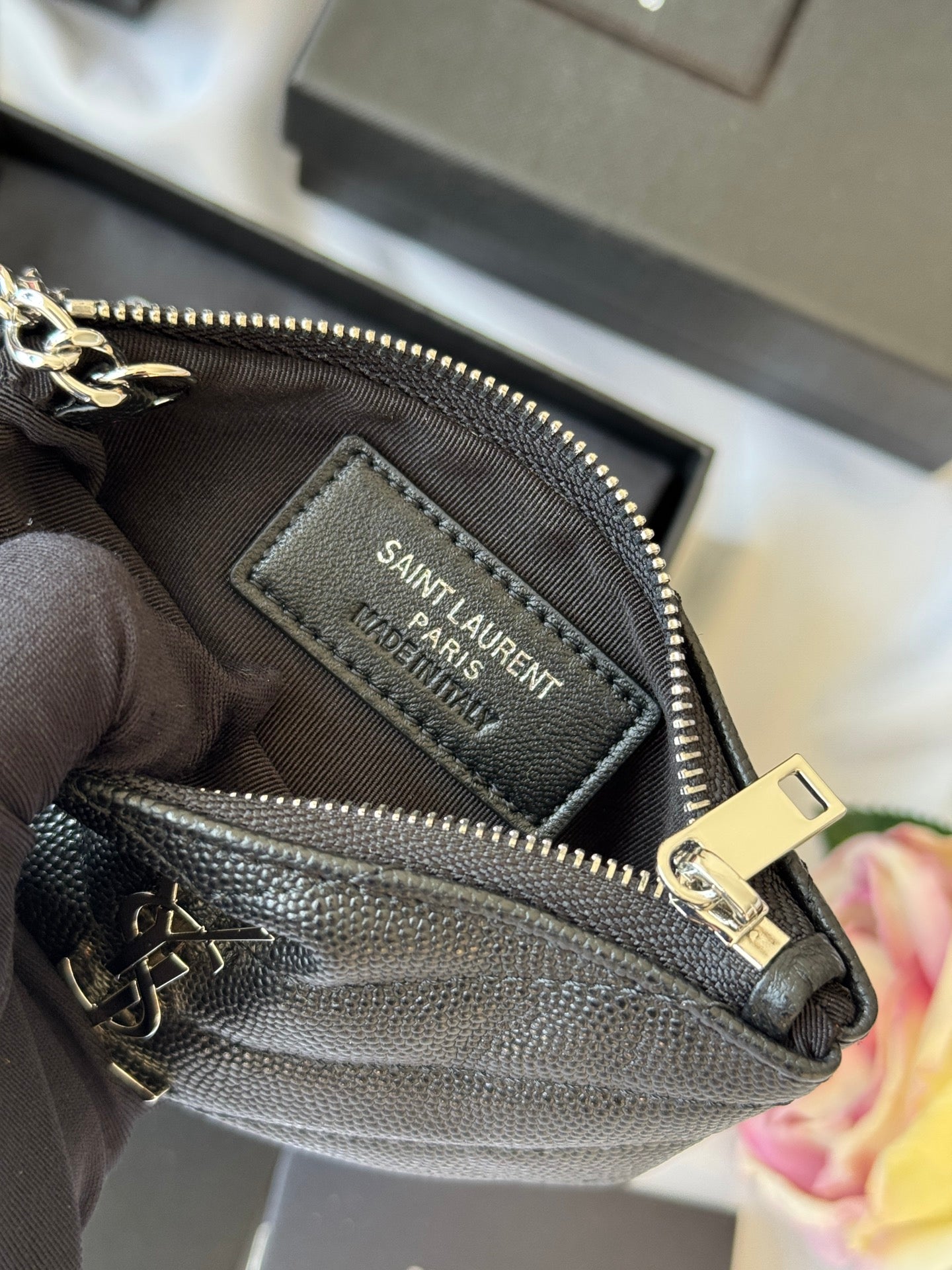 YSL cassandre matelassé key pouch IN Calfskin Leather 438386 Black Silver