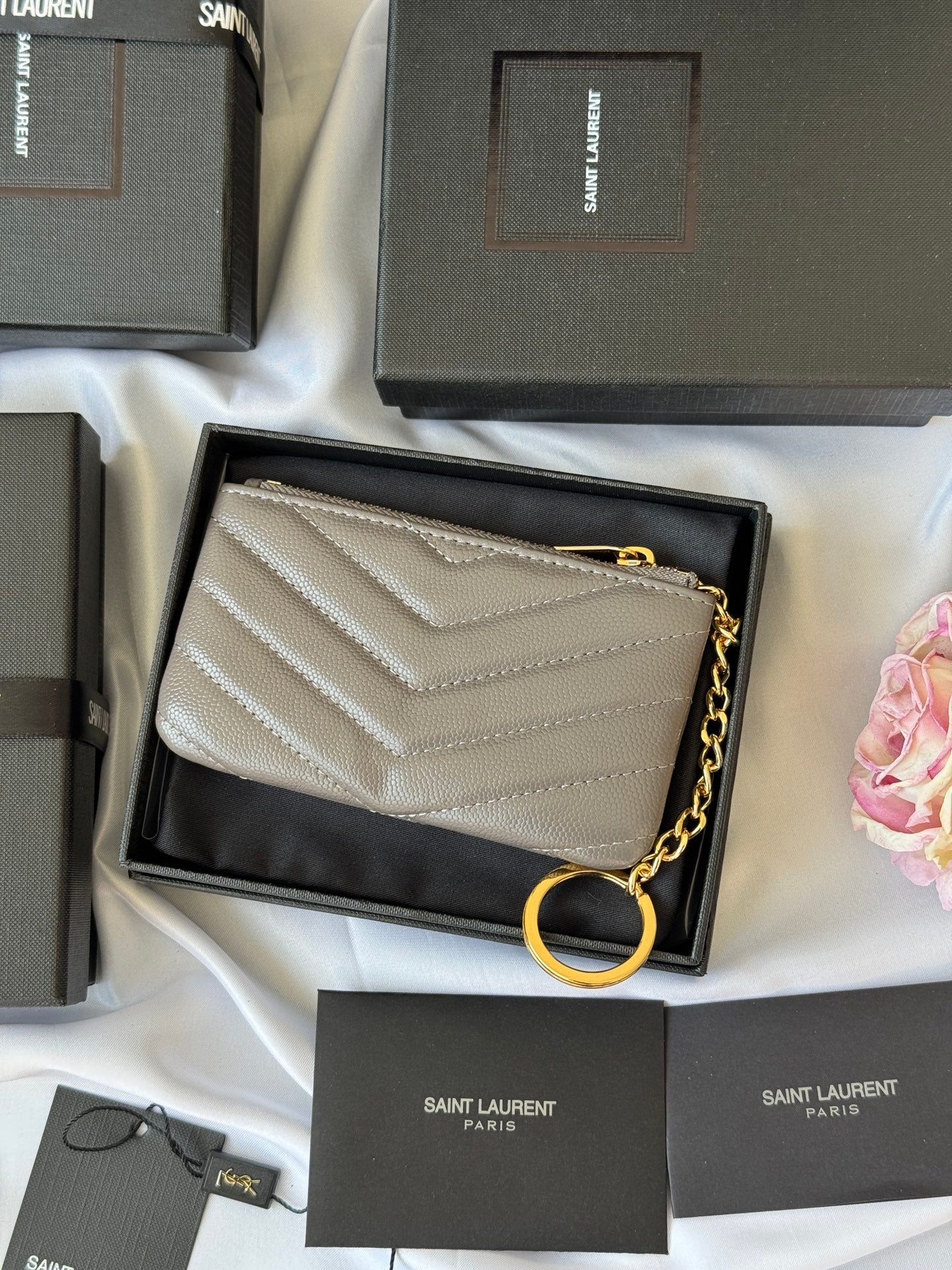 YSL cassandre matelassé key pouch IN Calfskin Leather 438386 Gray