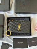 YSL Cassandre Matelass¨¦ calfskin leather key pouch in black with chevron stitching and silver-toned logo