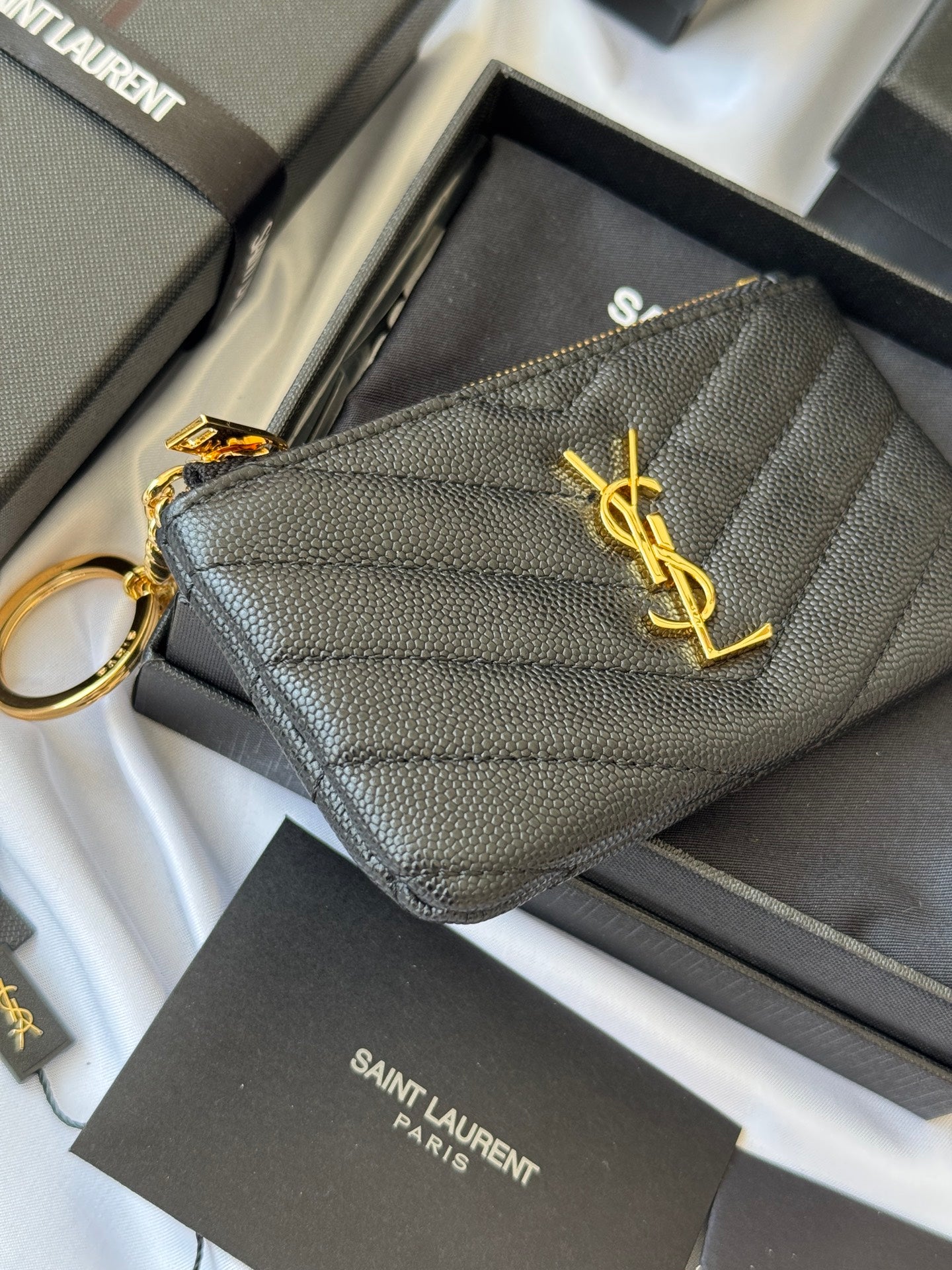 YSL cassandre matelassé key pouch IN Calfskin Leather 438386 Black Gold
