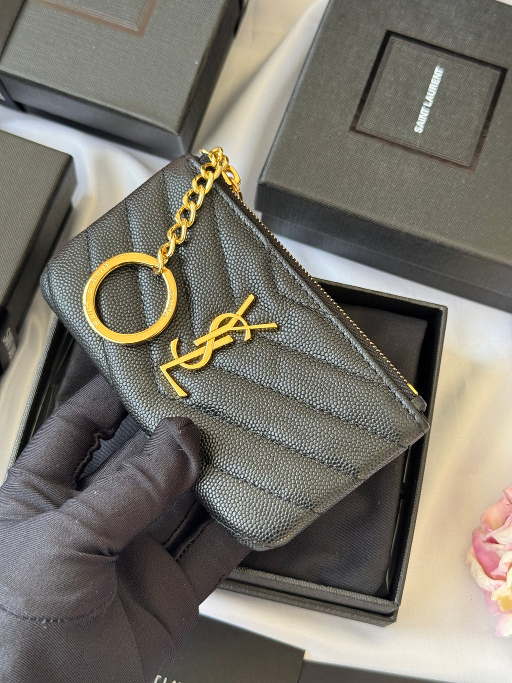 YSL cassandre matelassé key pouch IN Calfskin Leather 438386 Black Gold