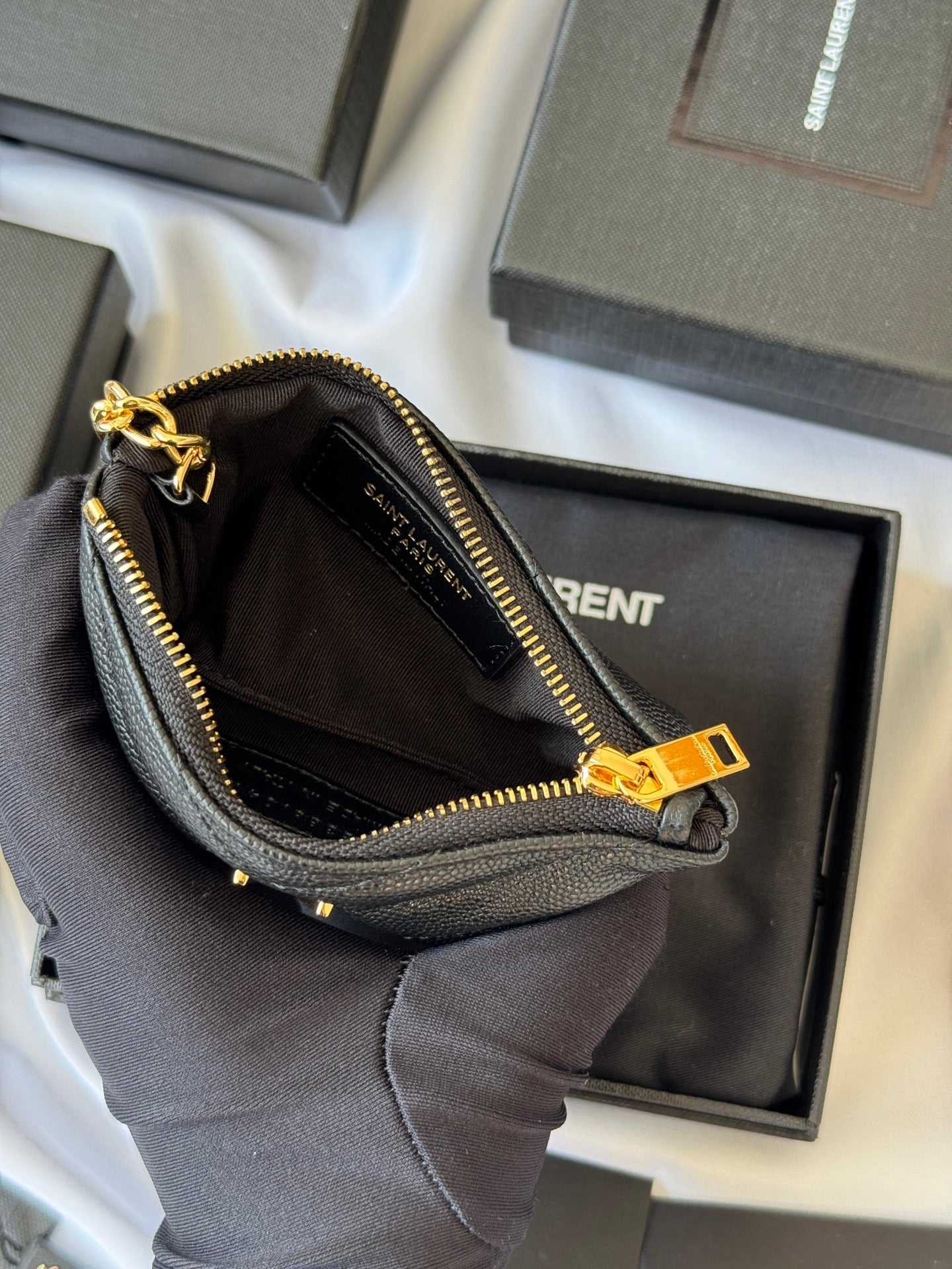 YSL cassandre matelassé key pouch IN Calfskin Leather 438386 Black Gold