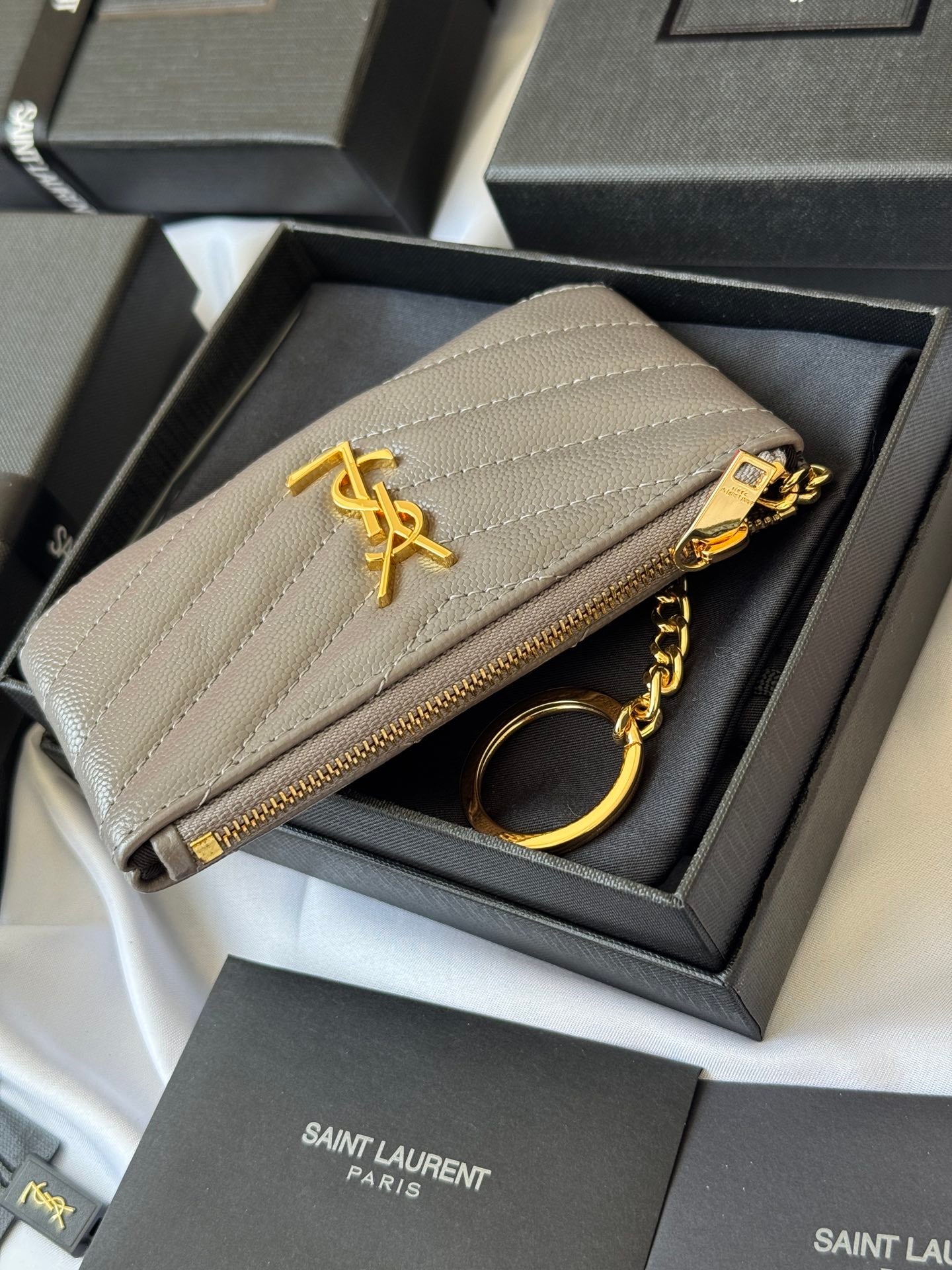 YSL cassandre matelassé key pouch IN Calfskin Leather 438386 Gray