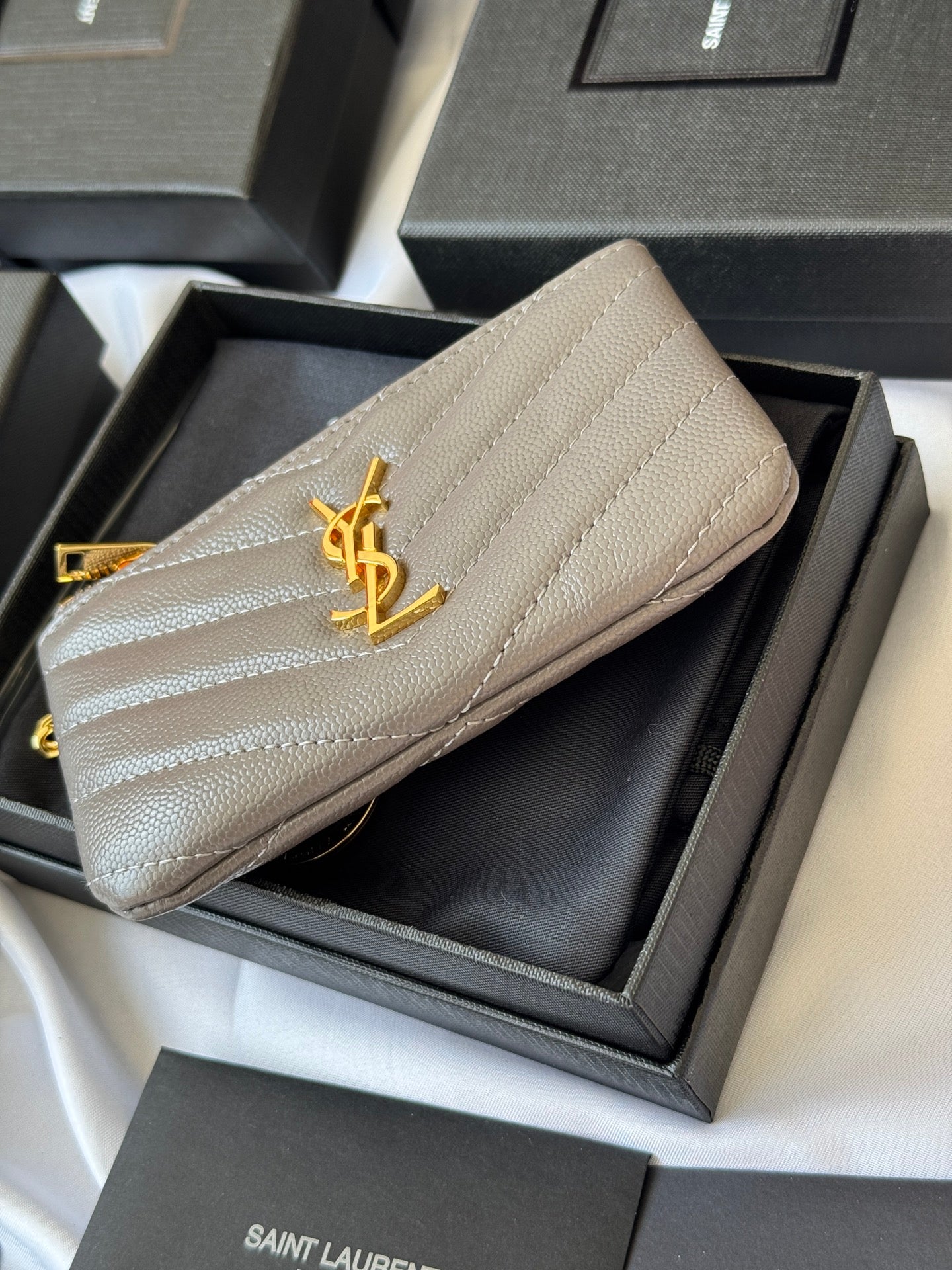 YSL cassandre matelassé key pouch IN Calfskin Leather 438386 Gray