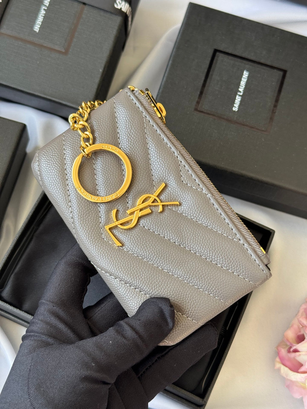 YSL cassandre matelassé key pouch IN Calfskin Leather 438386 Gray