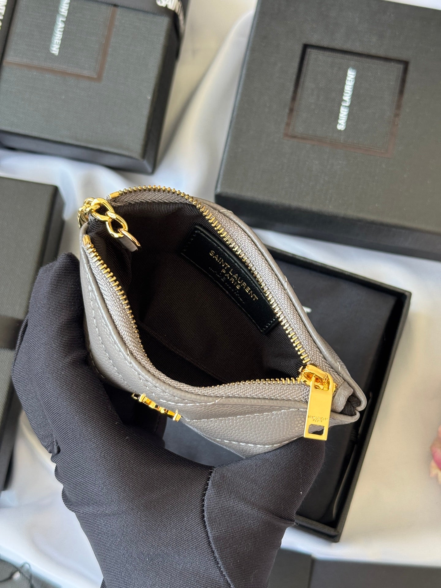 YSL cassandre matelassé key pouch IN Calfskin Leather 438386 Gray