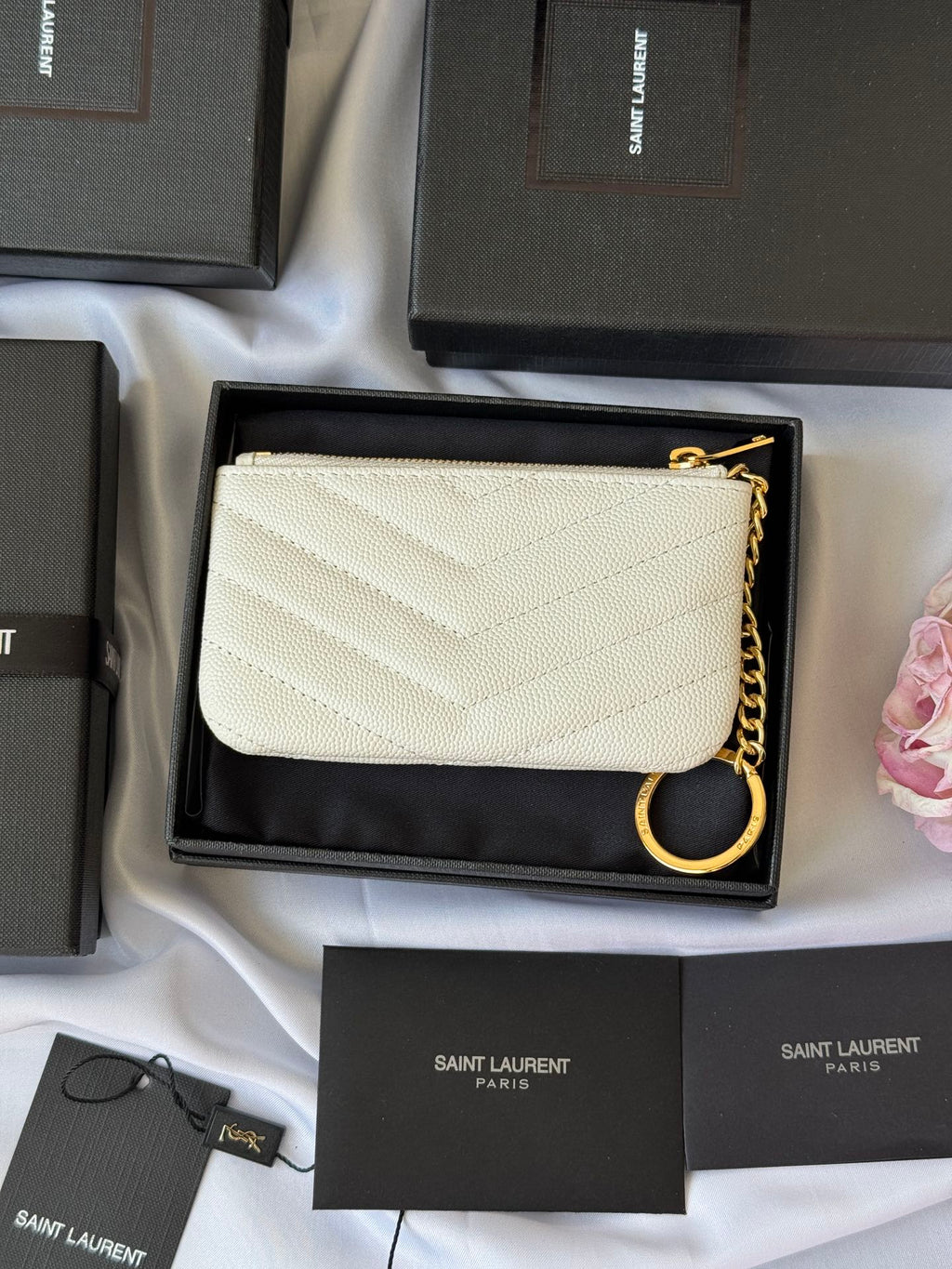 YSL cassandre matelassé key pouch IN Calfskin Leather 438386 White
