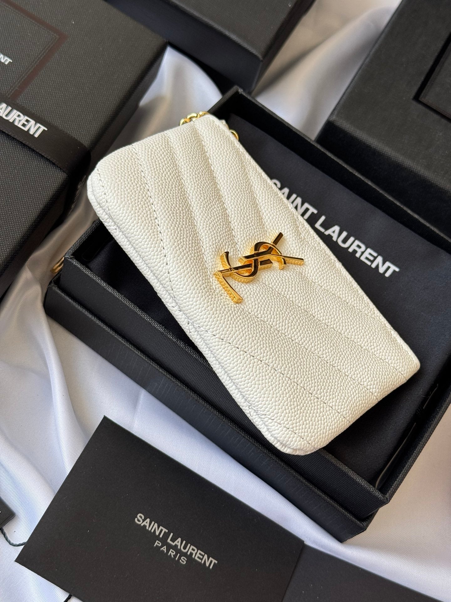 YSL cassandre matelassé key pouch IN Calfskin Leather 438386 White