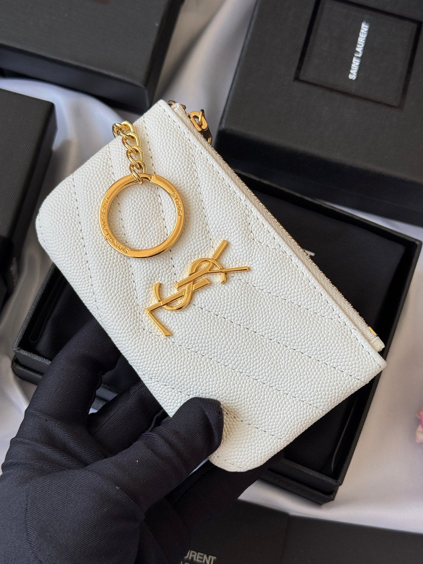 YSL cassandre matelassé key pouch IN Calfskin Leather 438386 White