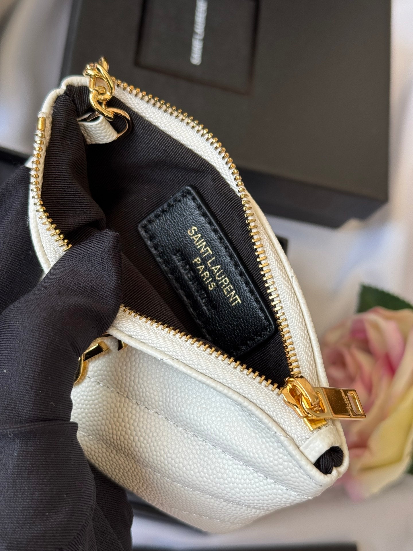 YSL cassandre matelassé key pouch IN Calfskin Leather 438386 White