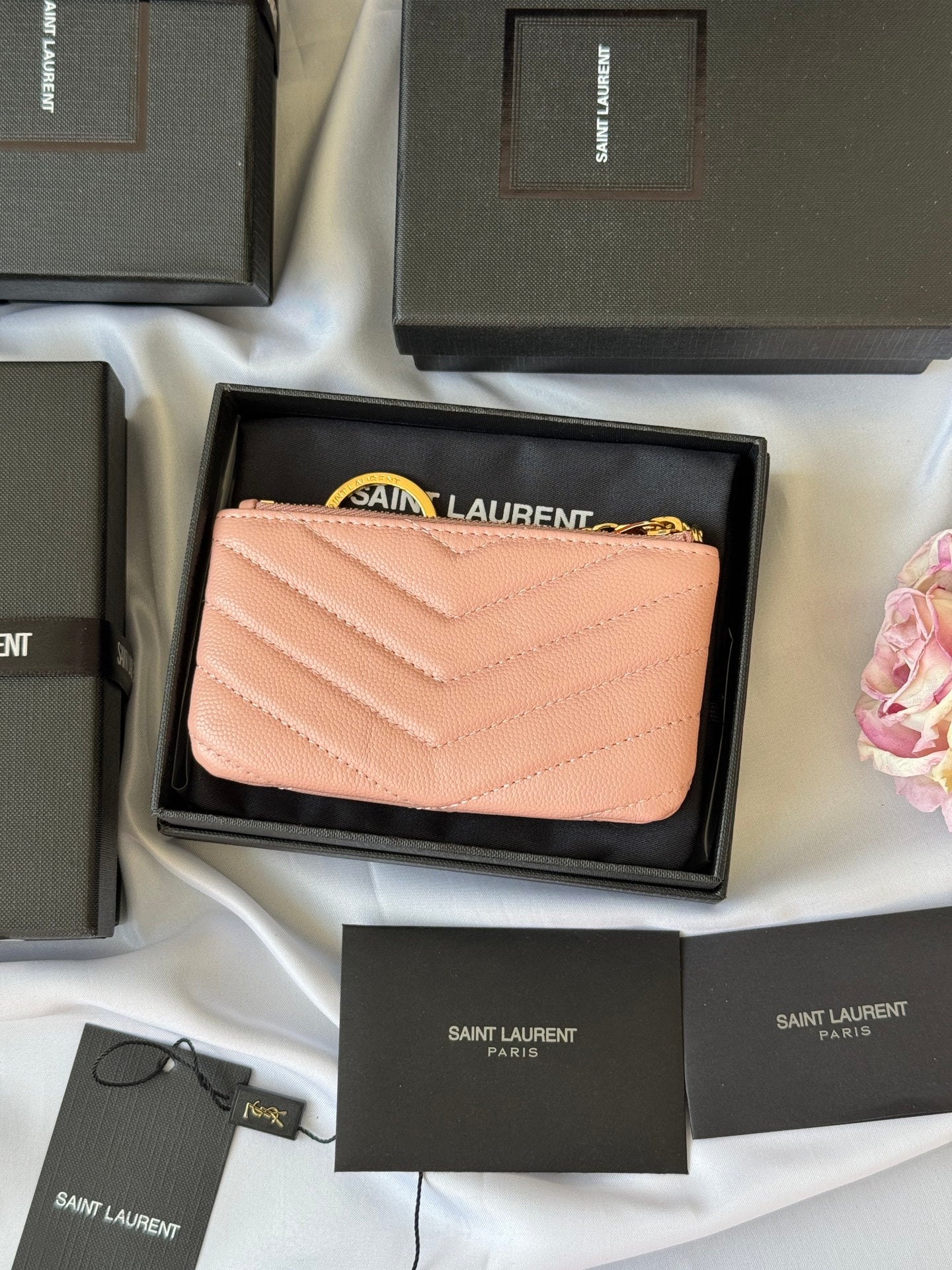 YSL cassandre matelassé key pouch IN Calfskin Leather 438386 Pink