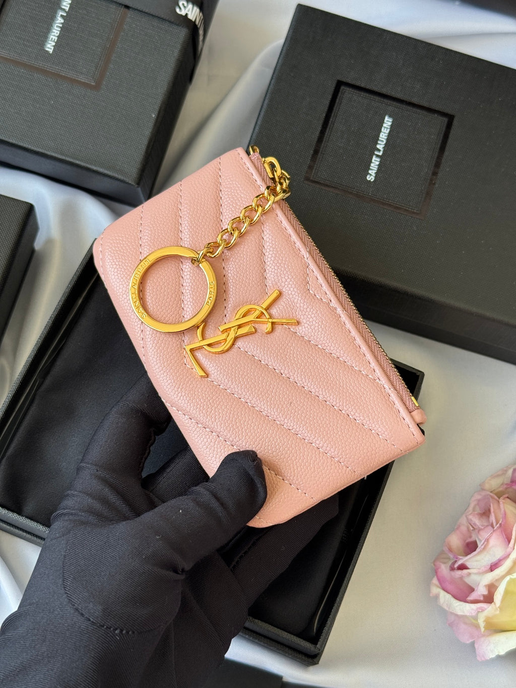 YSL cassandre matelassé key pouch IN Calfskin Leather 438386 Pink