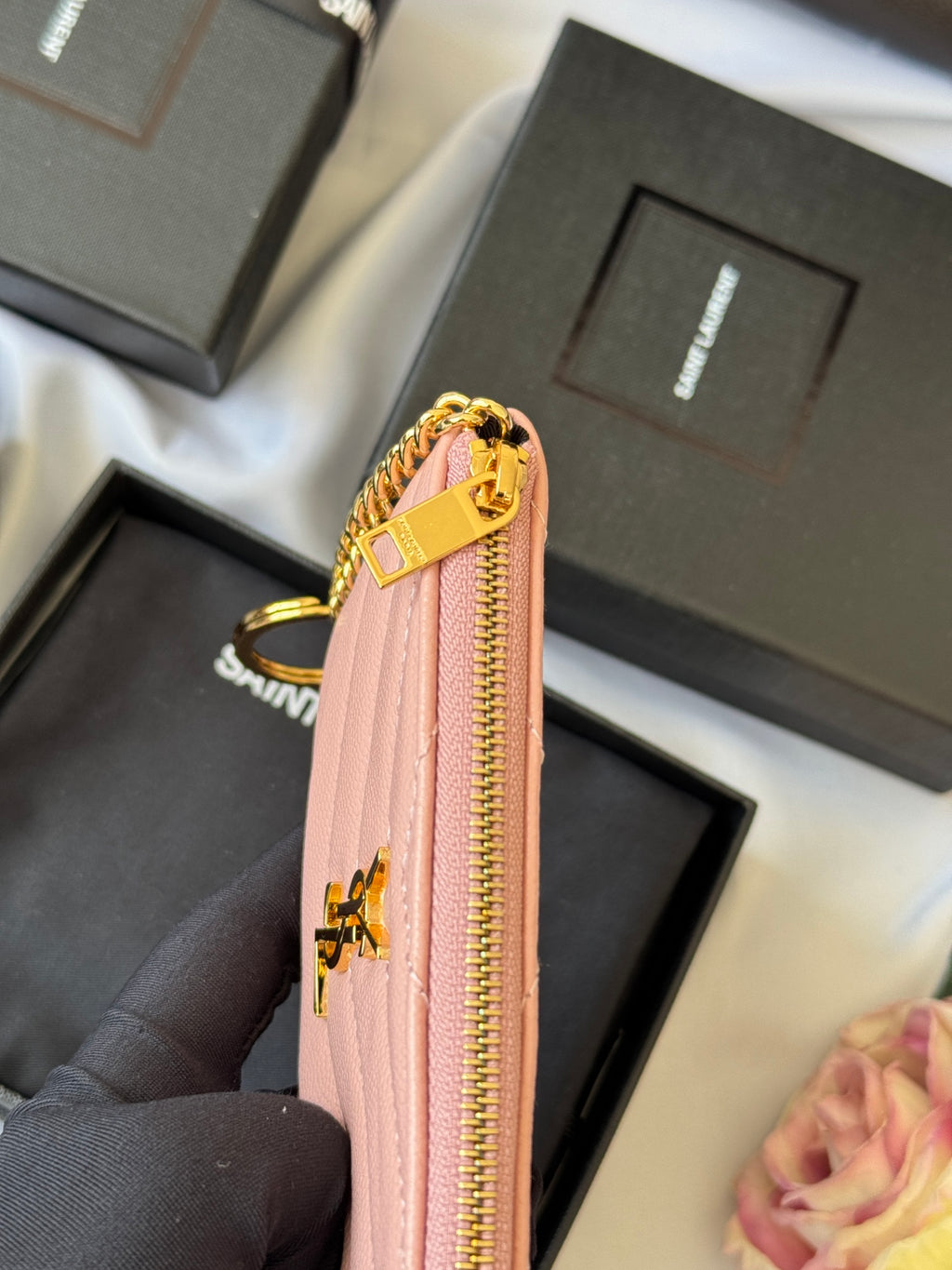 YSL cassandre matelassé key pouch IN Calfskin Leather 438386 Pink