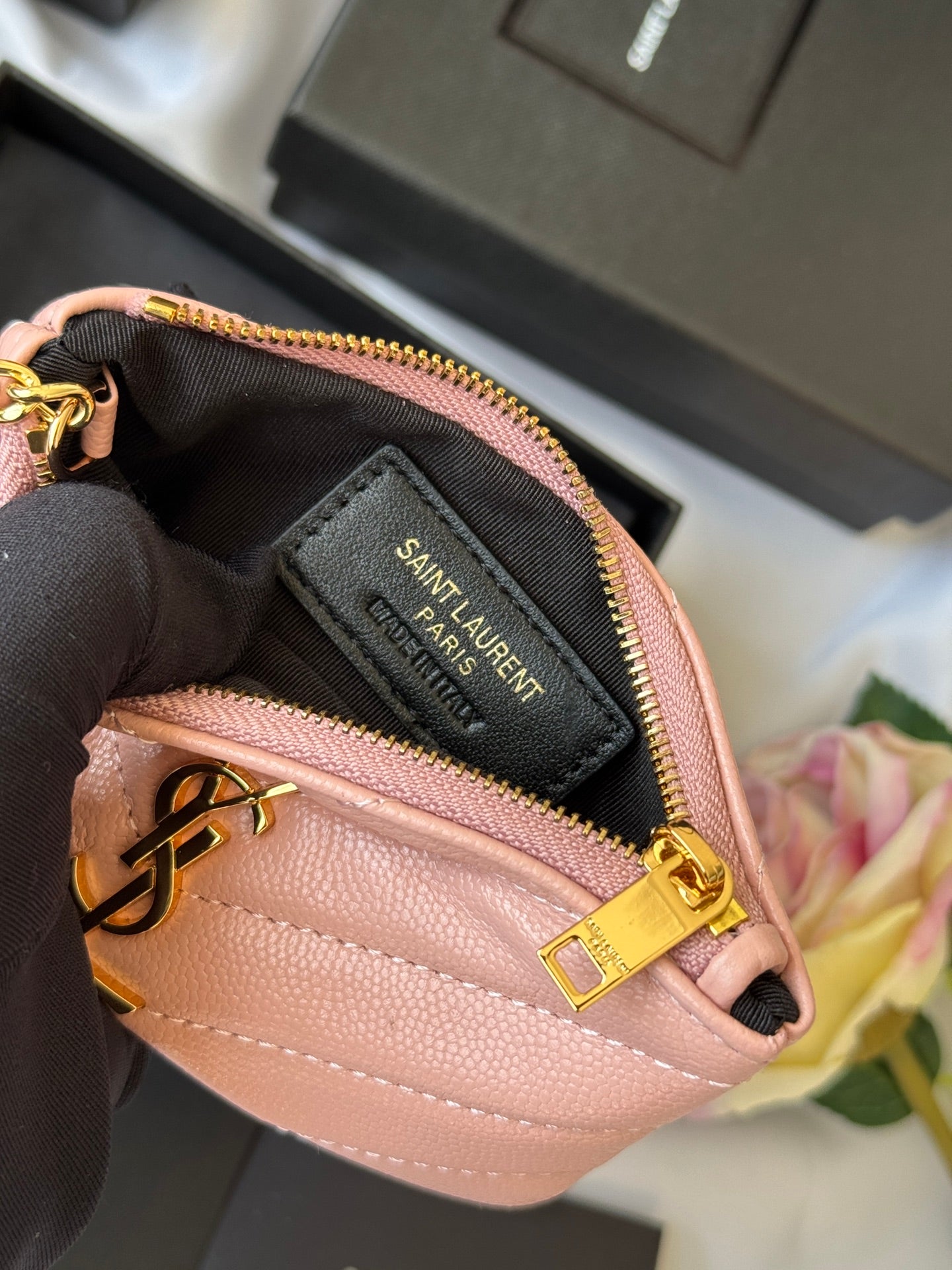 YSL cassandre matelassé key pouch IN Calfskin Leather 438386 Pink