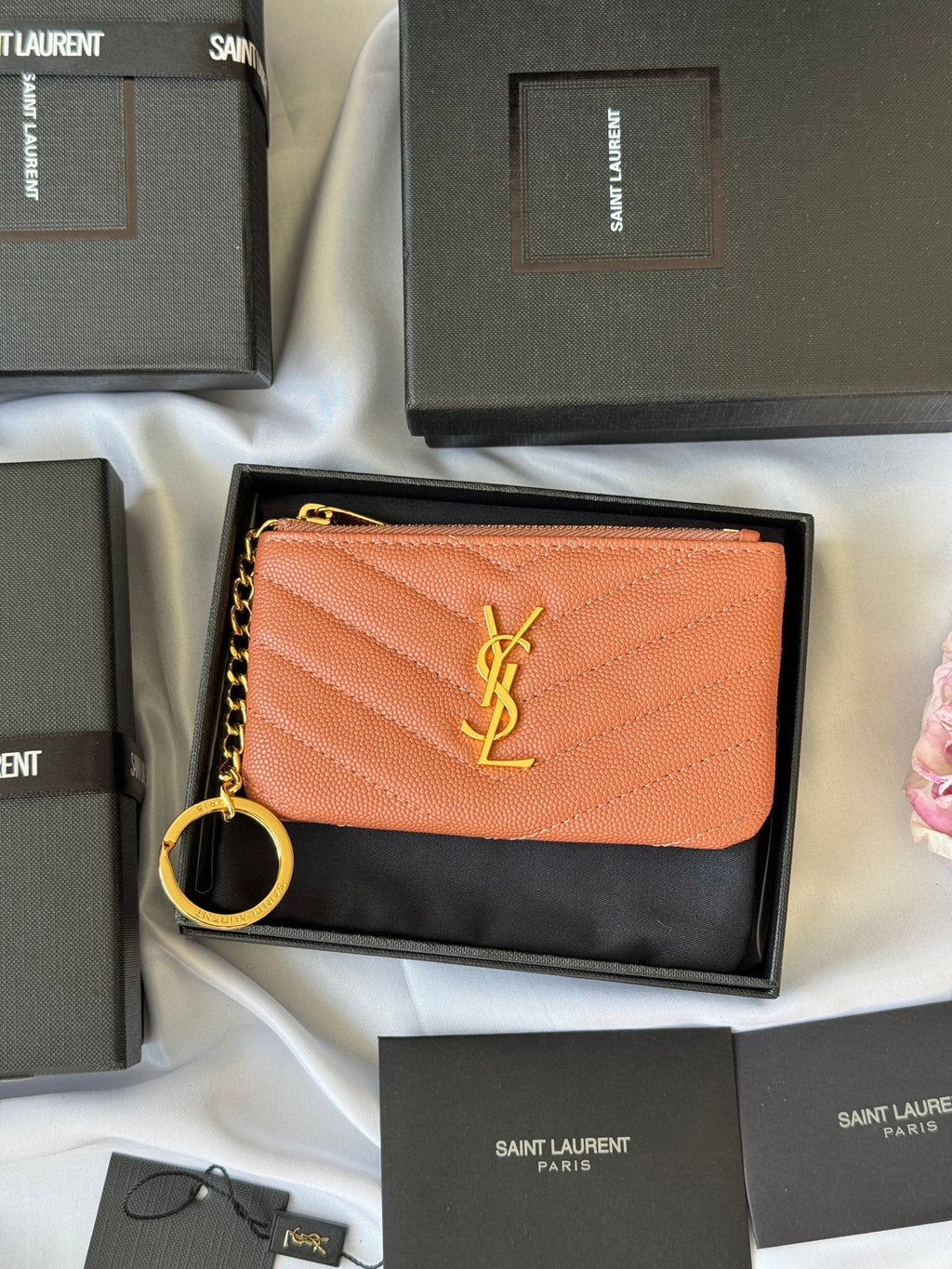 Minimalist YSL key pouch black matelass¨¦ leather silver logo