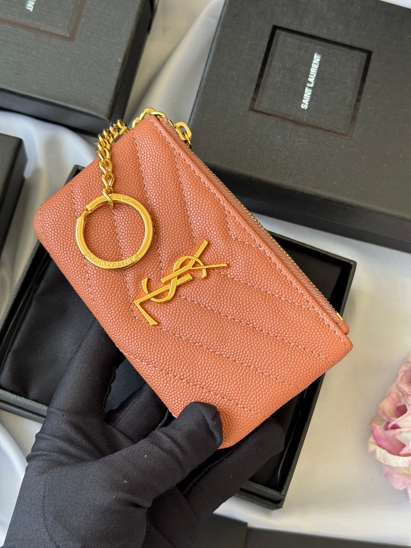 YSL cassandre matelassé key pouch IN Calfskin Leather 438386 Dark Pink