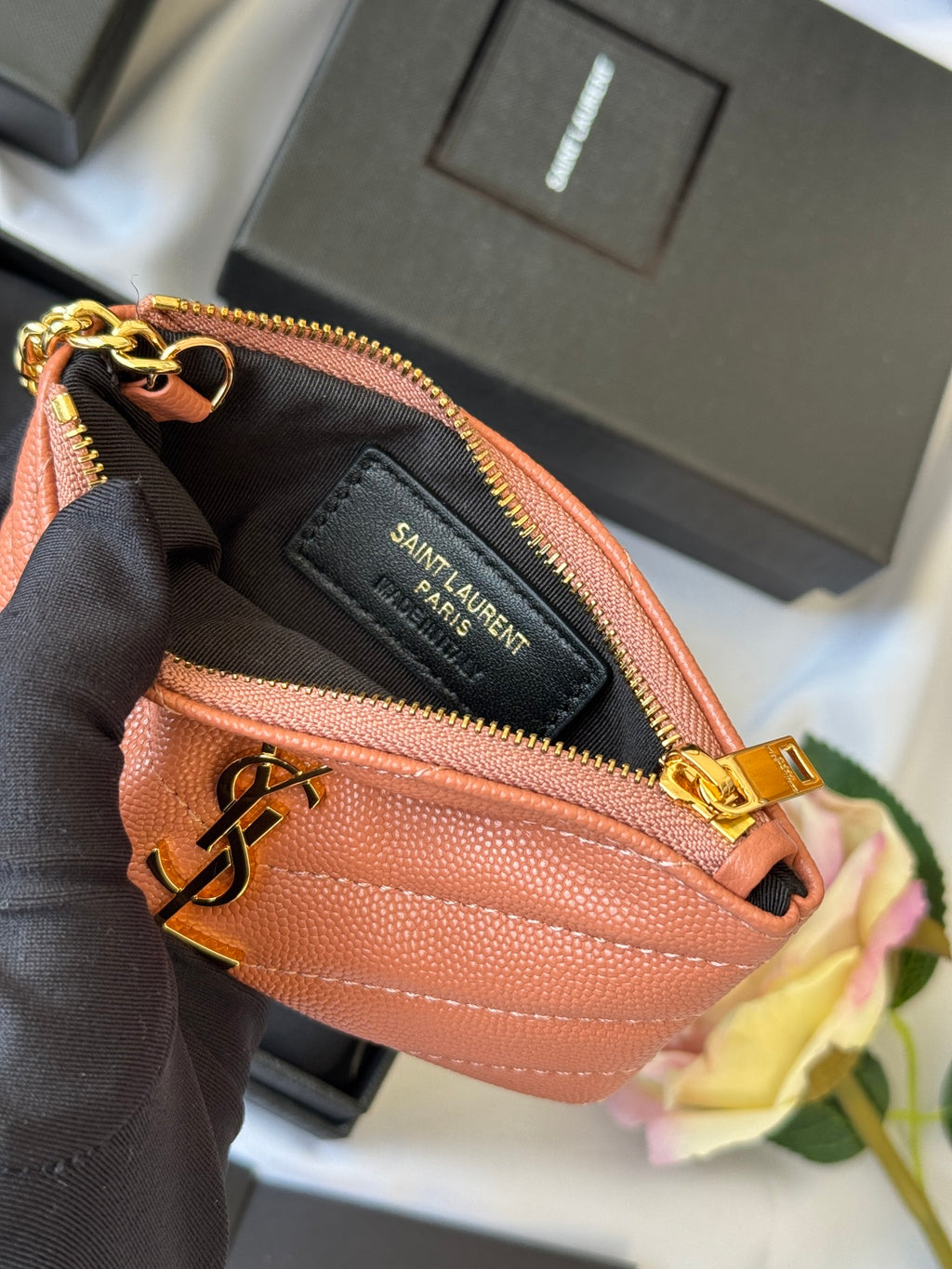 YSL cassandre matelassé key pouch IN Calfskin Leather 438386 Dark Pink