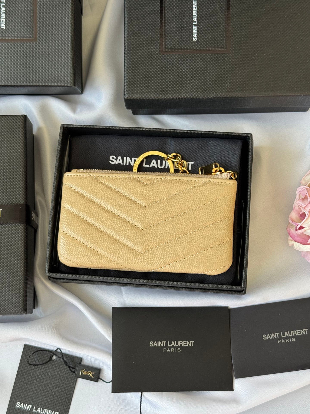 YSL cassandre matelassé key pouch IN Calfskin Leather 438386 Apricot