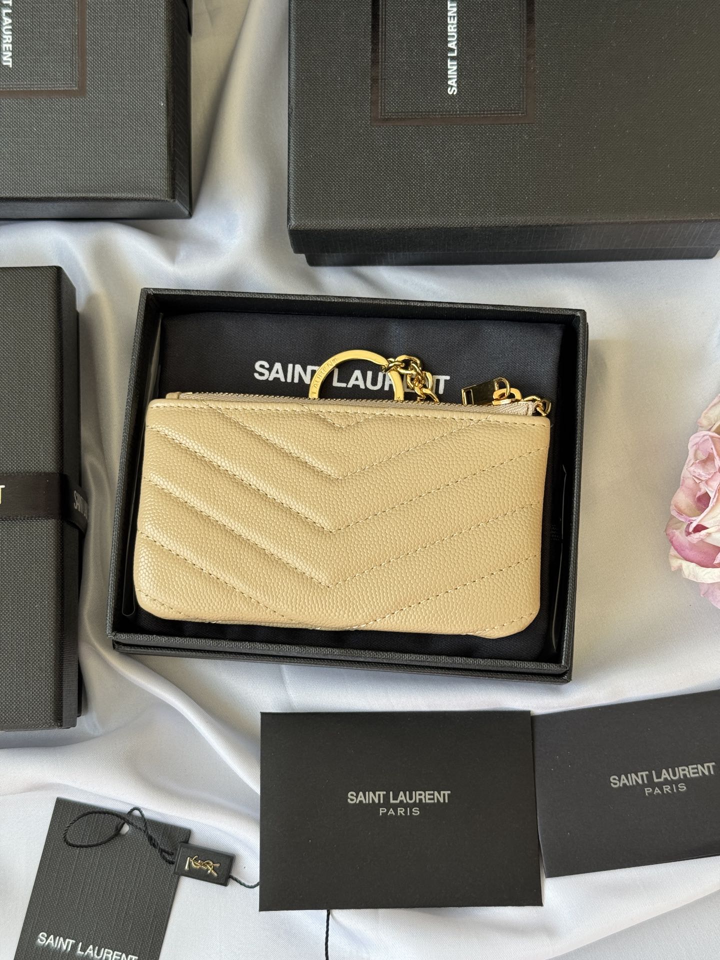 YSL cassandre matelassé key pouch IN Calfskin Leather 438386 Apricot