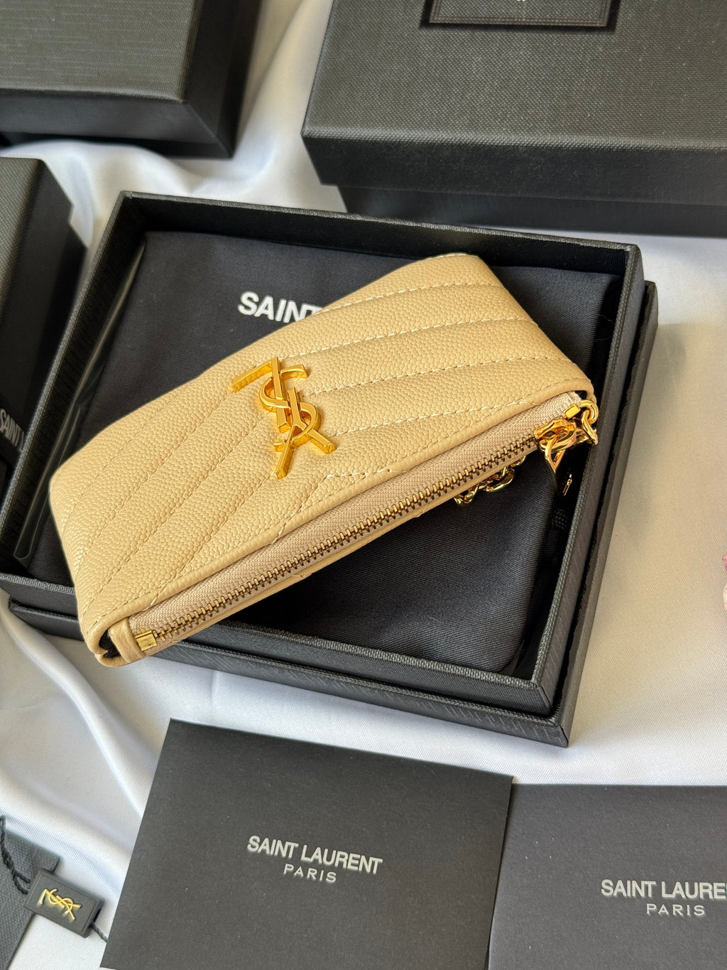 YSL cassandre matelassé key pouch IN Calfskin Leather 438386 Apricot
