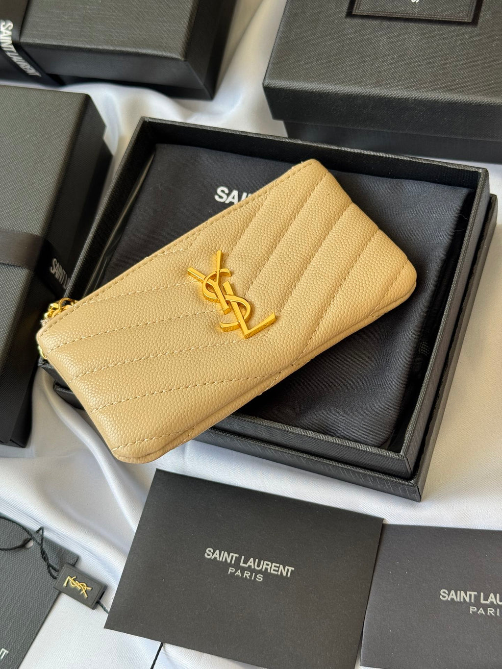 YSL cassandre matelassé key pouch IN Calfskin Leather 438386 Apricot