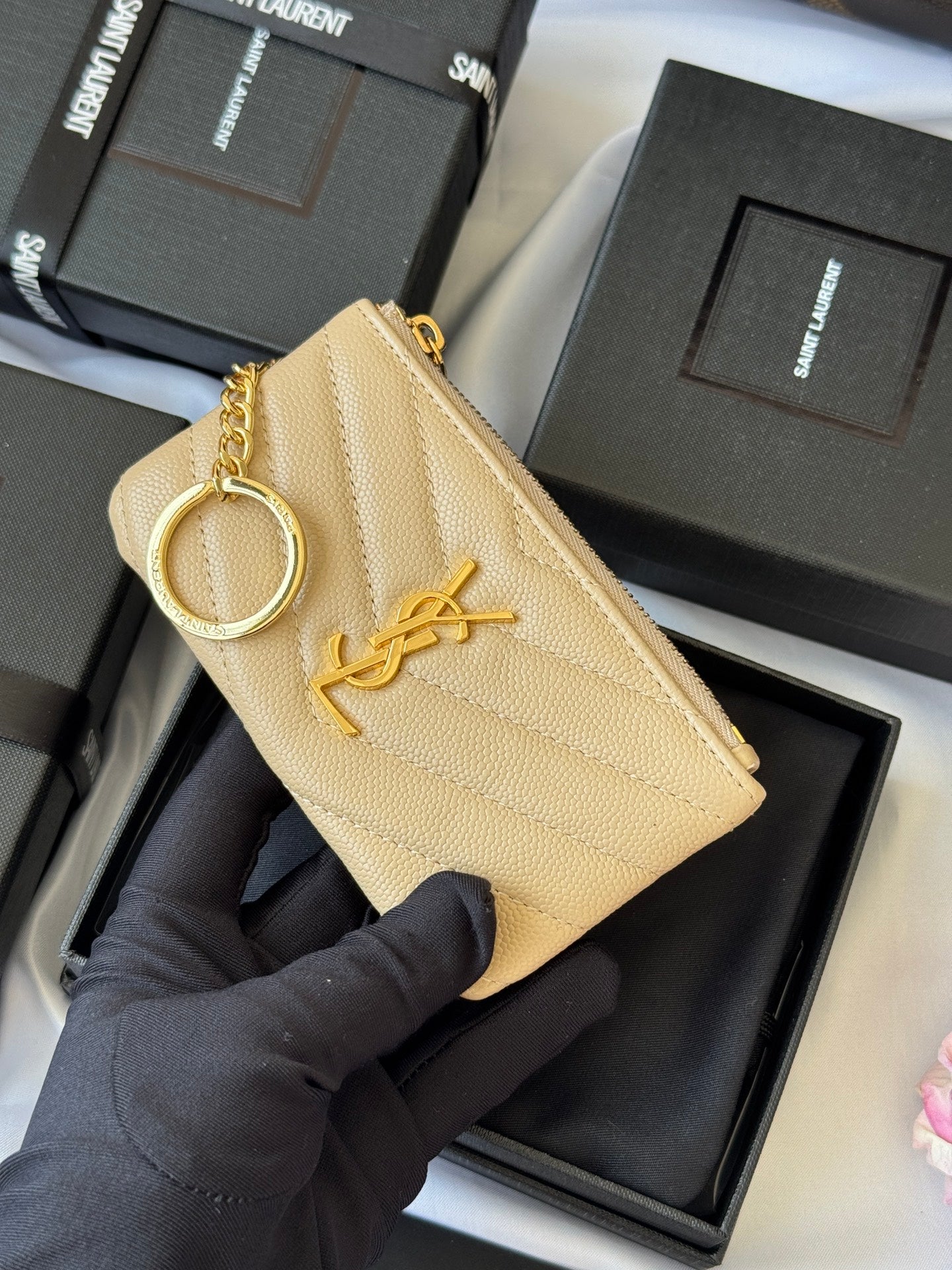 YSL cassandre matelassé key pouch IN Calfskin Leather 438386 Apricot