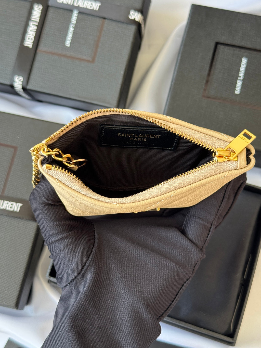 YSL cassandre matelassé key pouch IN Calfskin Leather 438386 Apricot