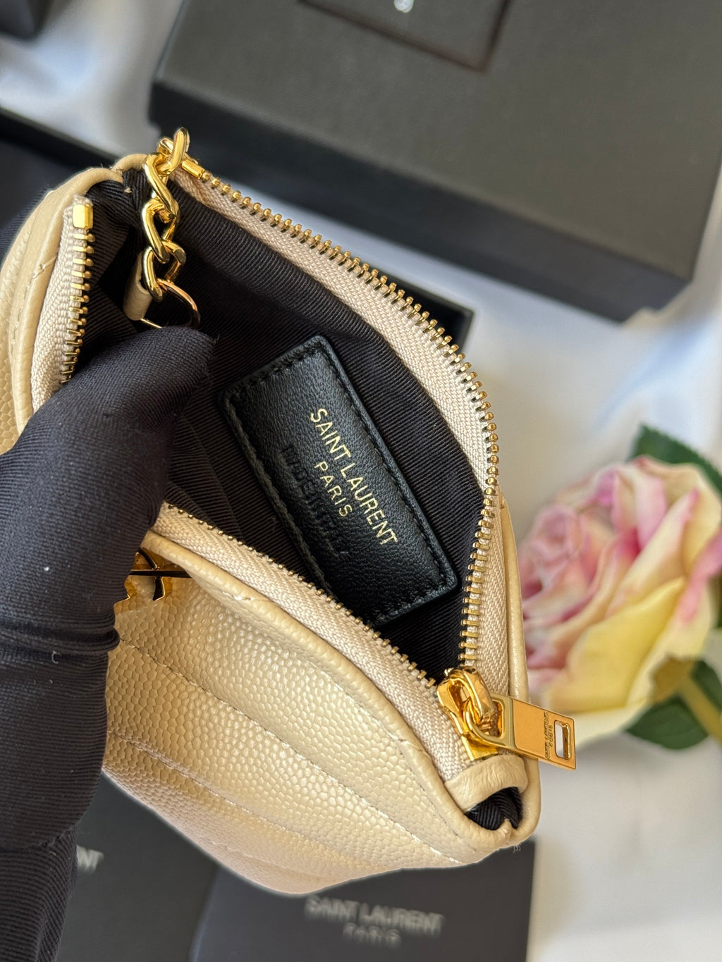 YSL cassandre matelassé key pouch IN Calfskin Leather 438386 Apricot