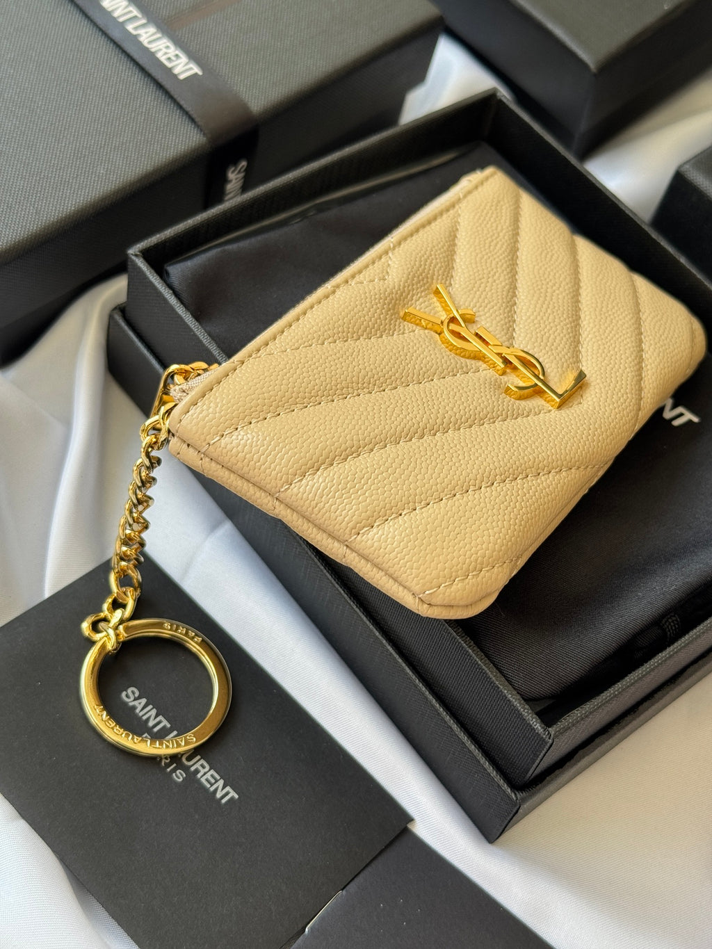YSL cassandre matelassé key pouch IN Calfskin Leather 438386 Apricot