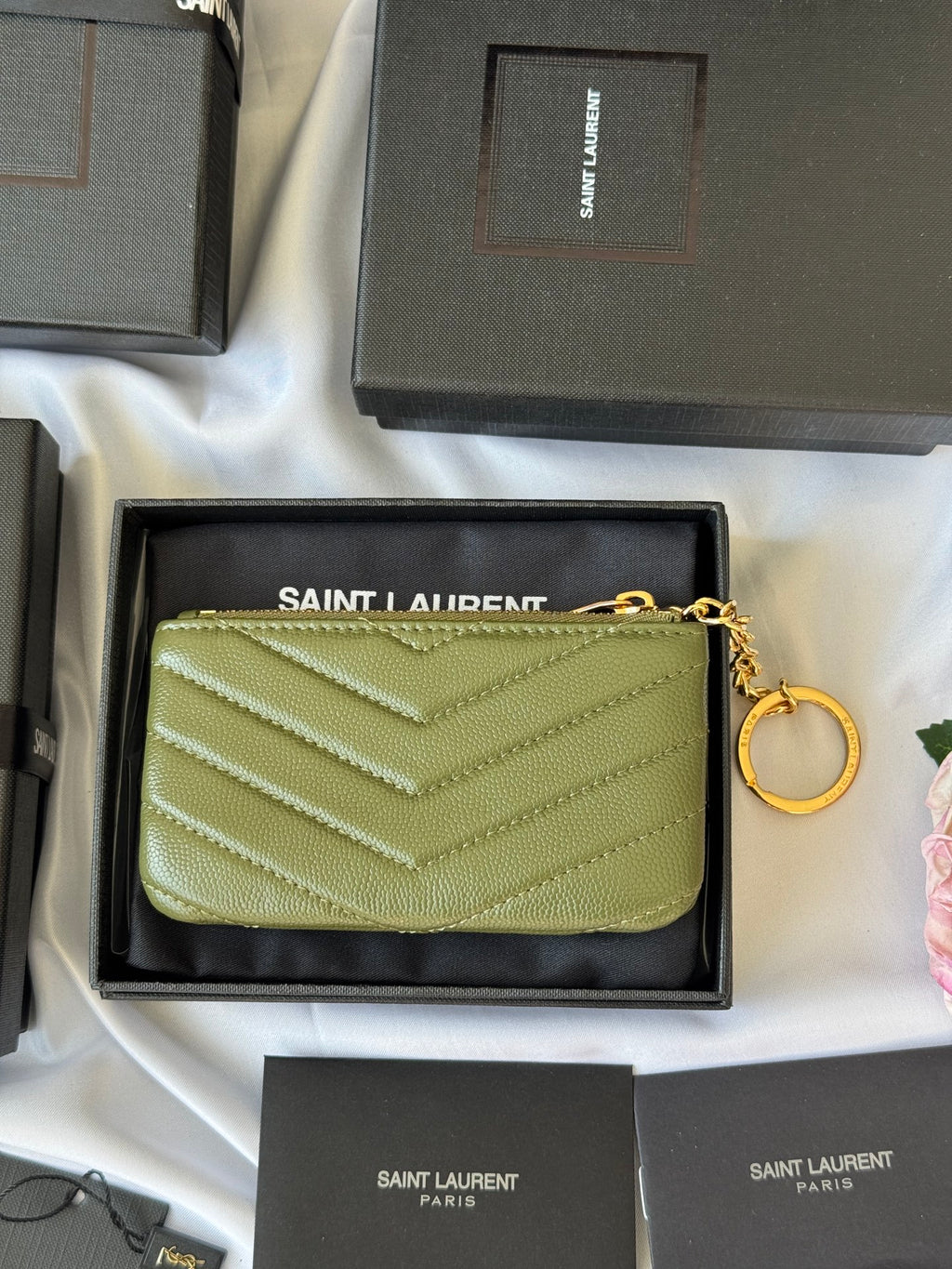 YSL cassandre matelassé key pouch IN Calfskin Leather 438386 Green