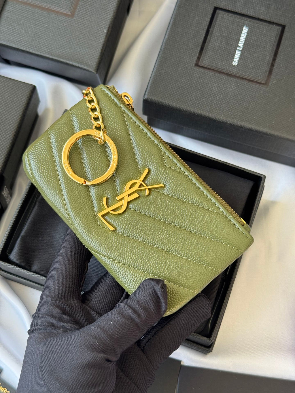 YSL cassandre matelassé key pouch IN Calfskin Leather 438386 Green