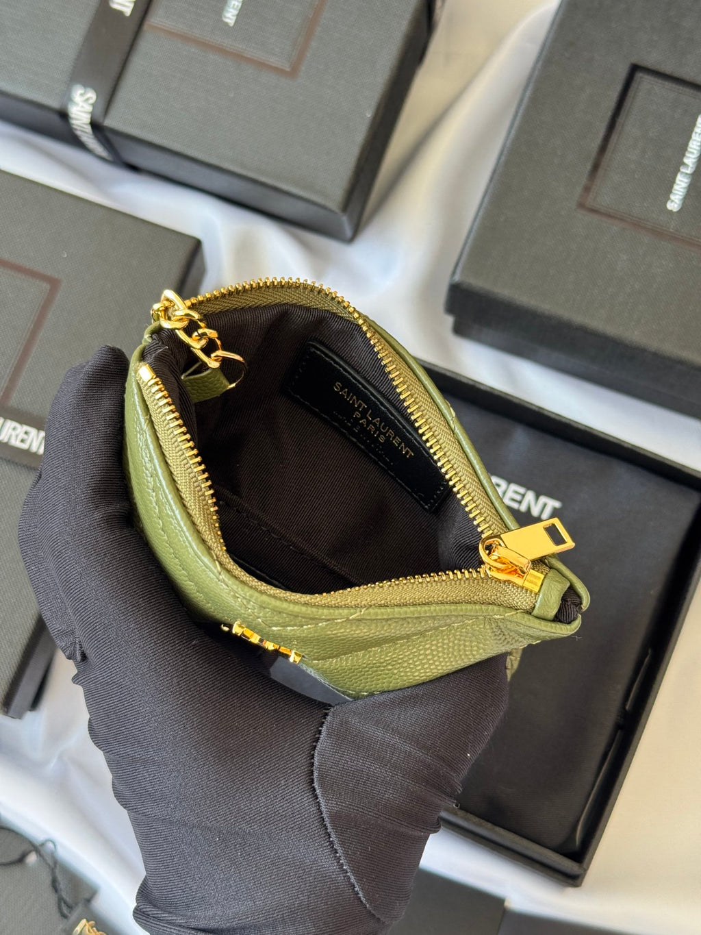 YSL cassandre matelassé key pouch IN Calfskin Leather 438386 Green