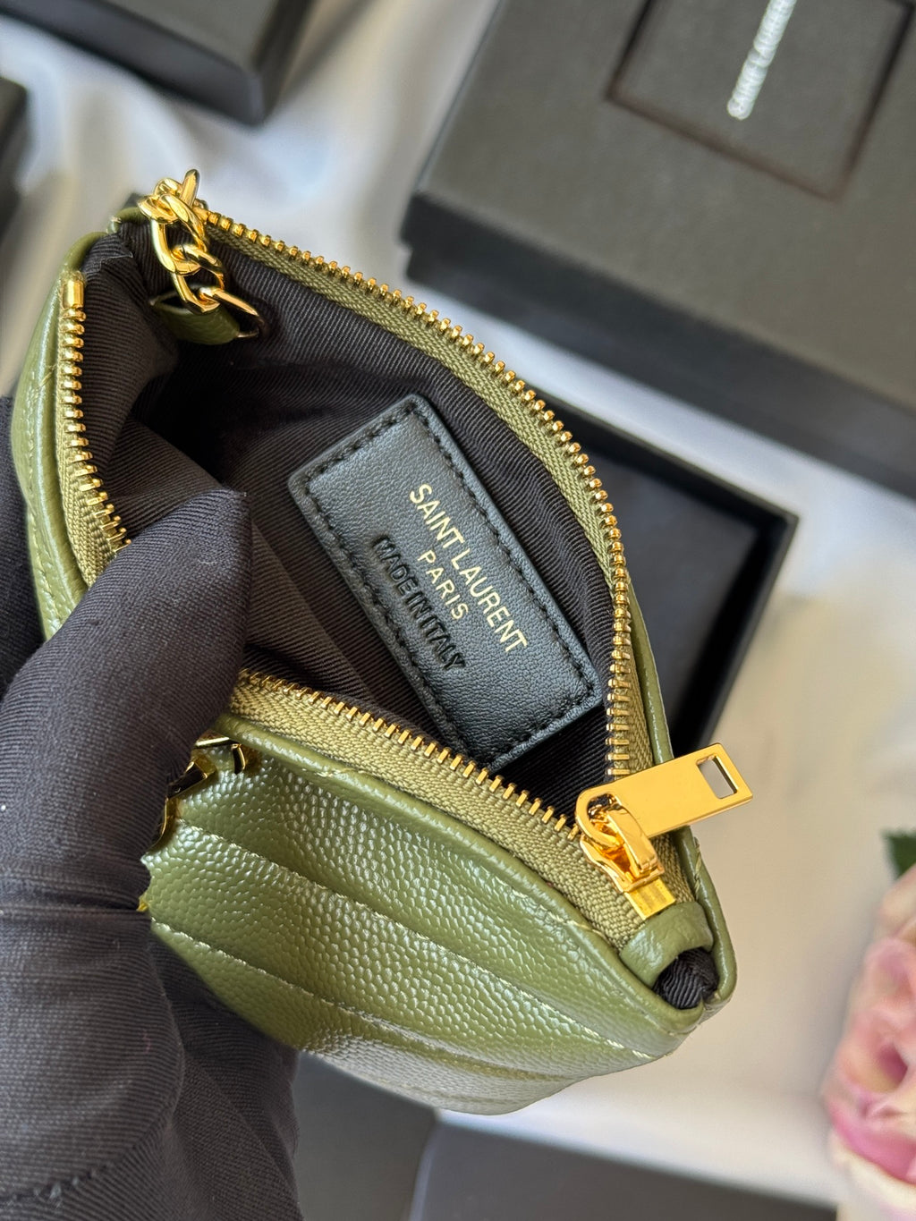 YSL cassandre matelassé key pouch IN Calfskin Leather 438386 Green