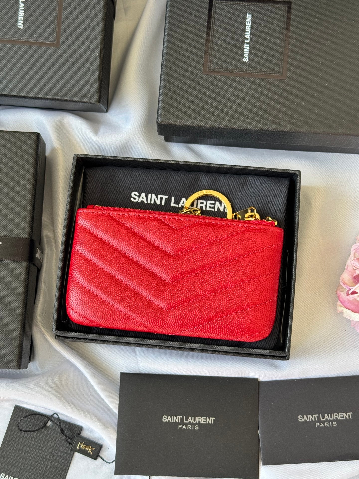 YSL cassandre matelassé key pouch IN Calfskin Leather 438386 Red