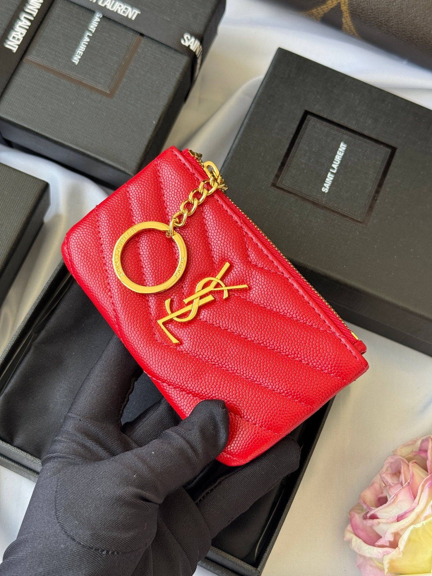 YSL cassandre matelassé key pouch IN Calfskin Leather 438386 Red