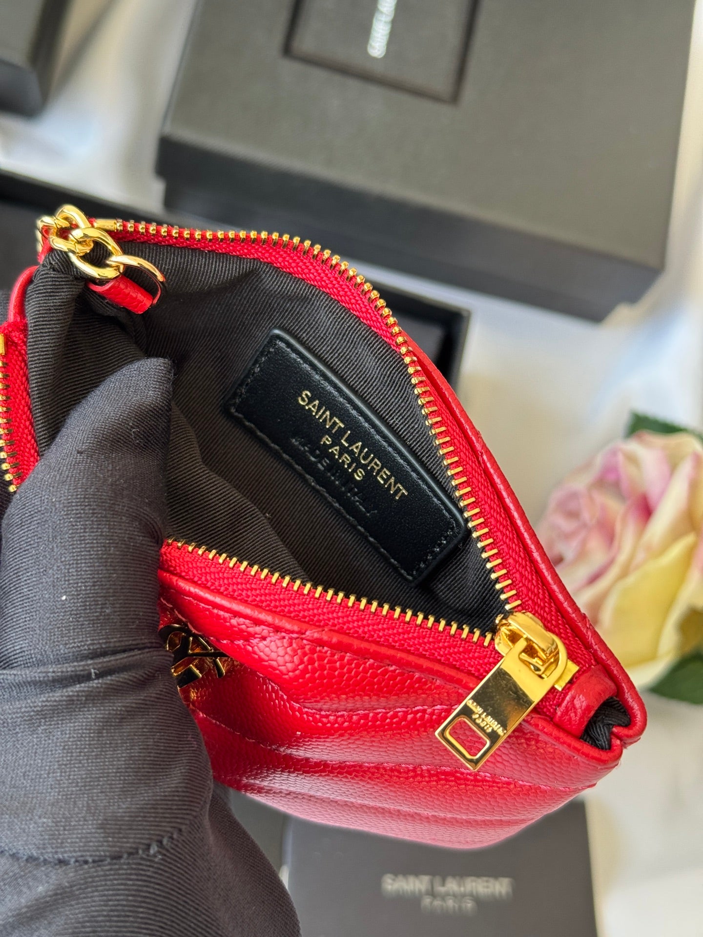 YSL cassandre matelassé key pouch IN Calfskin Leather 438386 Red