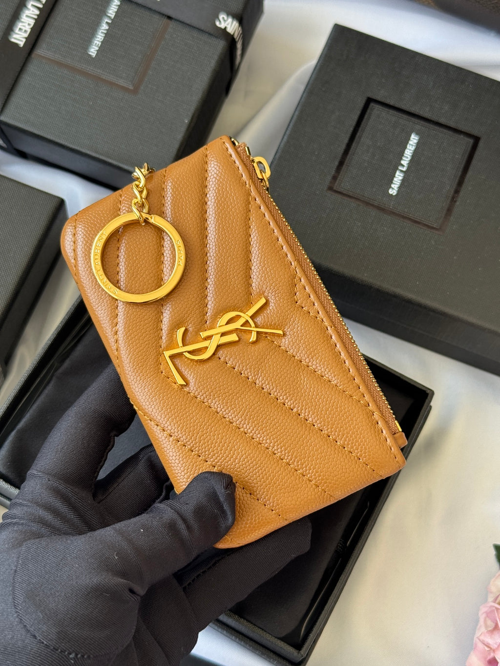 YSL cassandre matelassé key pouch IN Calfskin Leather 438386 Brown
