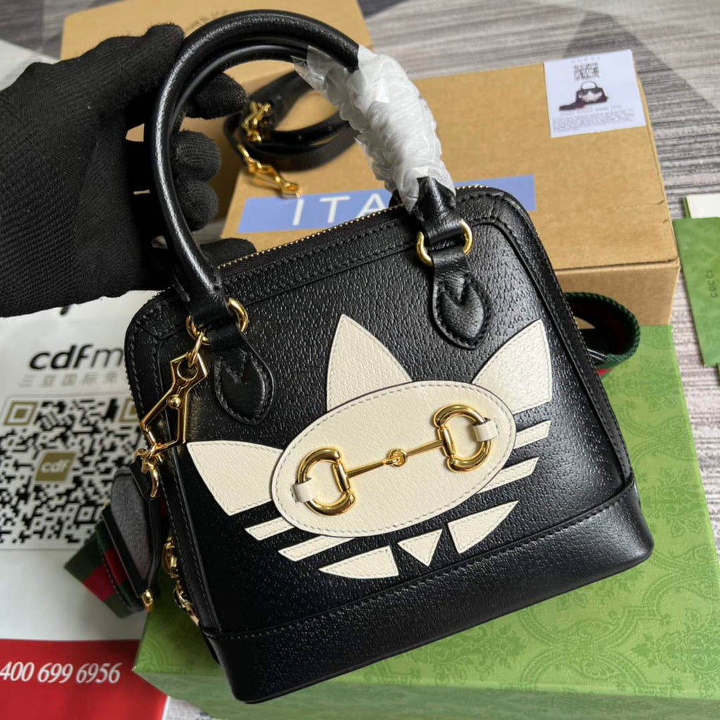 adidas x Gucci 677212 Horsebit 1955 mini bag Black and white leather